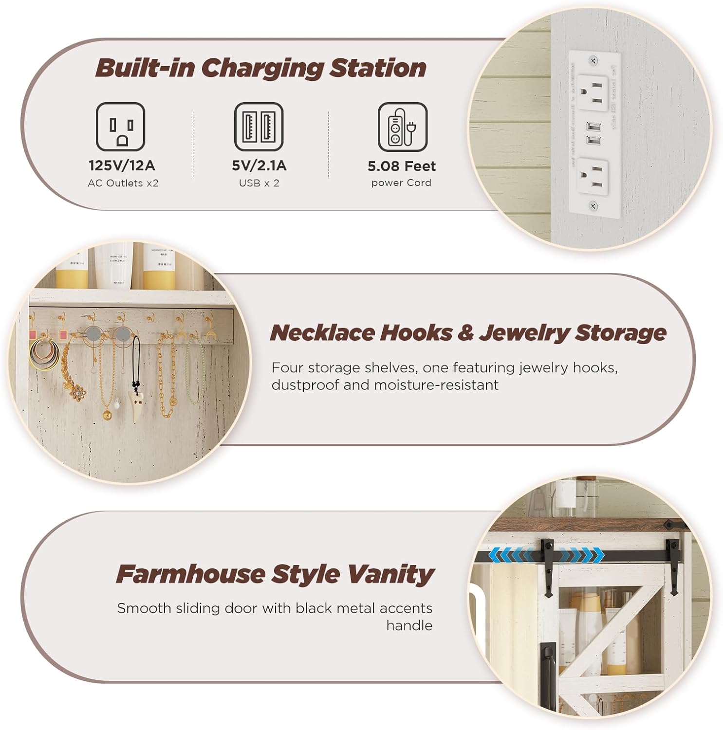 Vabches Farmhouse Makeup Vanity with Sliding Cabinets, White Vanity Desk with Lights Mirror and Power Outlet, Rustic Dressing Table with 4 Drawers&2 Storage Cabinets for Bedroom