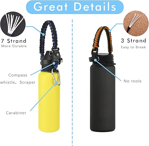 Miniatura 3 de Mango Paracord para botellas de agua Hydro Flask 2.0 de boca ancha y estándar, soporte de correa con anillo de goma de seguridad y mosquetón, fácil