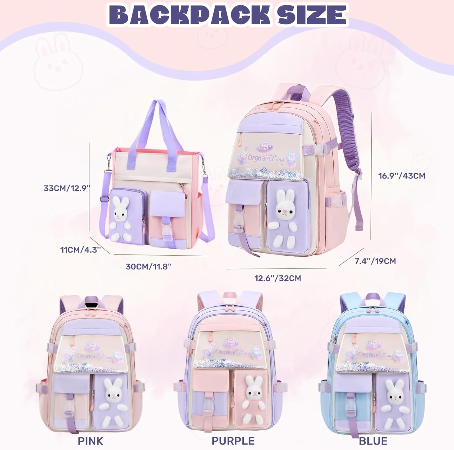 Bunny Backpack for Girls Cute Kids Bookbag for Elementary School Kawaii Preschool Outdoor Daypack 2Pcs Blue - Image 2