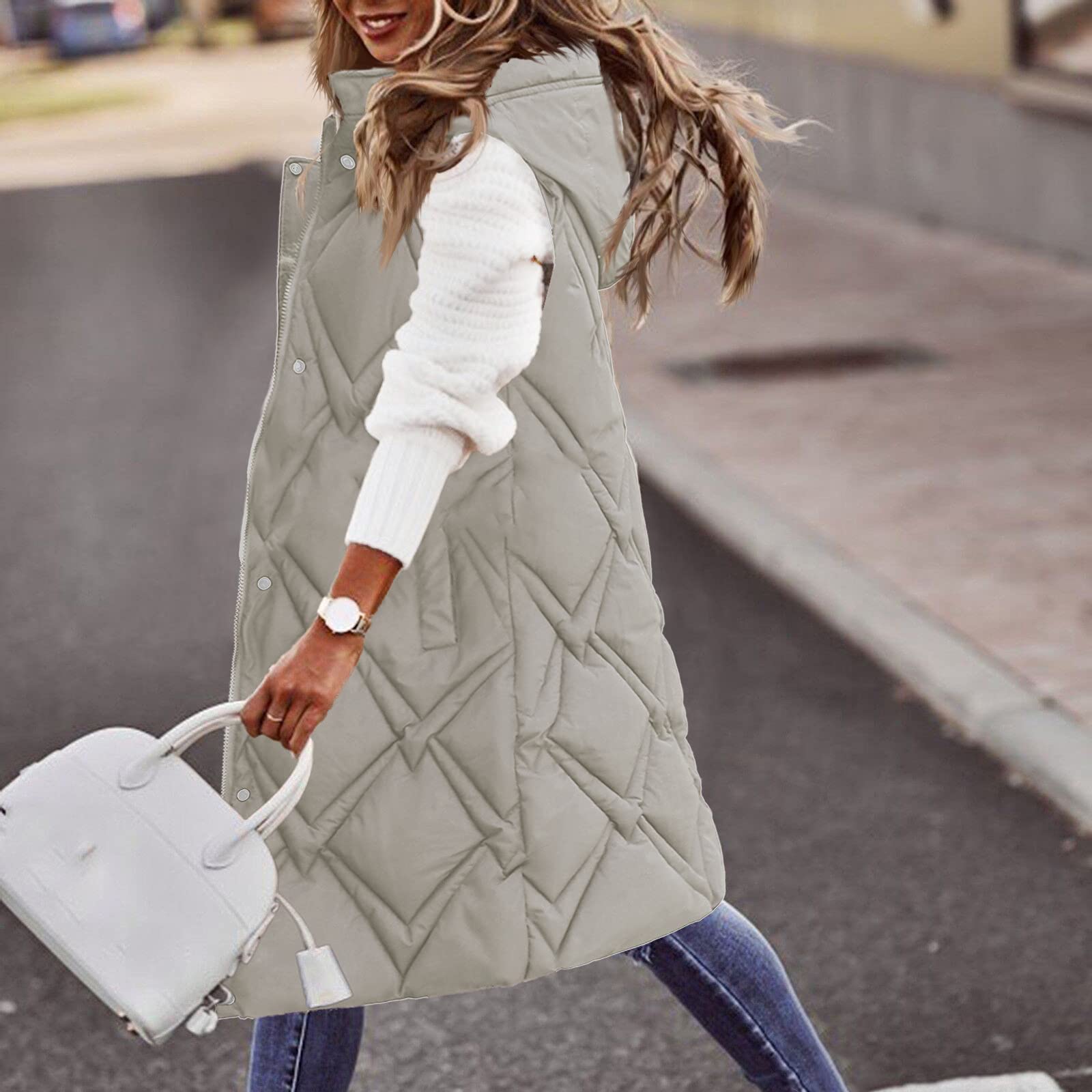 Generisch Gilet trapuntato da donna, lungo, nero, con cappuccio, senza maniche, leggero, invernale, in cotone, elegante, in pile, per attività all'aria aperta, comoda giacca softshell