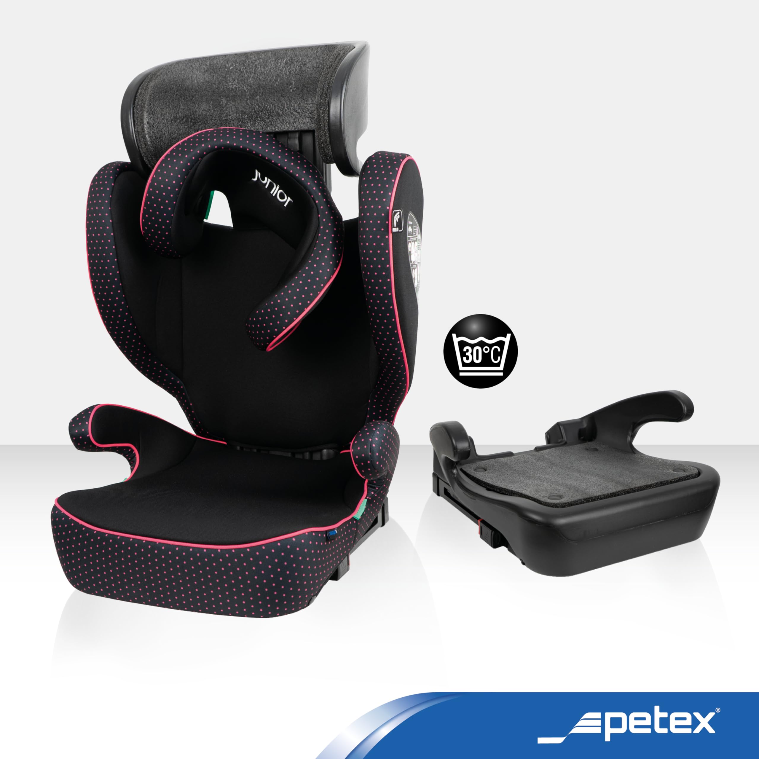 PETEX Fotelik samochodowy dla dzieci z ISOFIX – Basic Plus i-Size zgodny z normą ECE R129 dla dzieci w wieku od ok. 100 – 150 cm, regulowana wysokość fotelika samochodowego w kolorze różowym, 1 sztuka