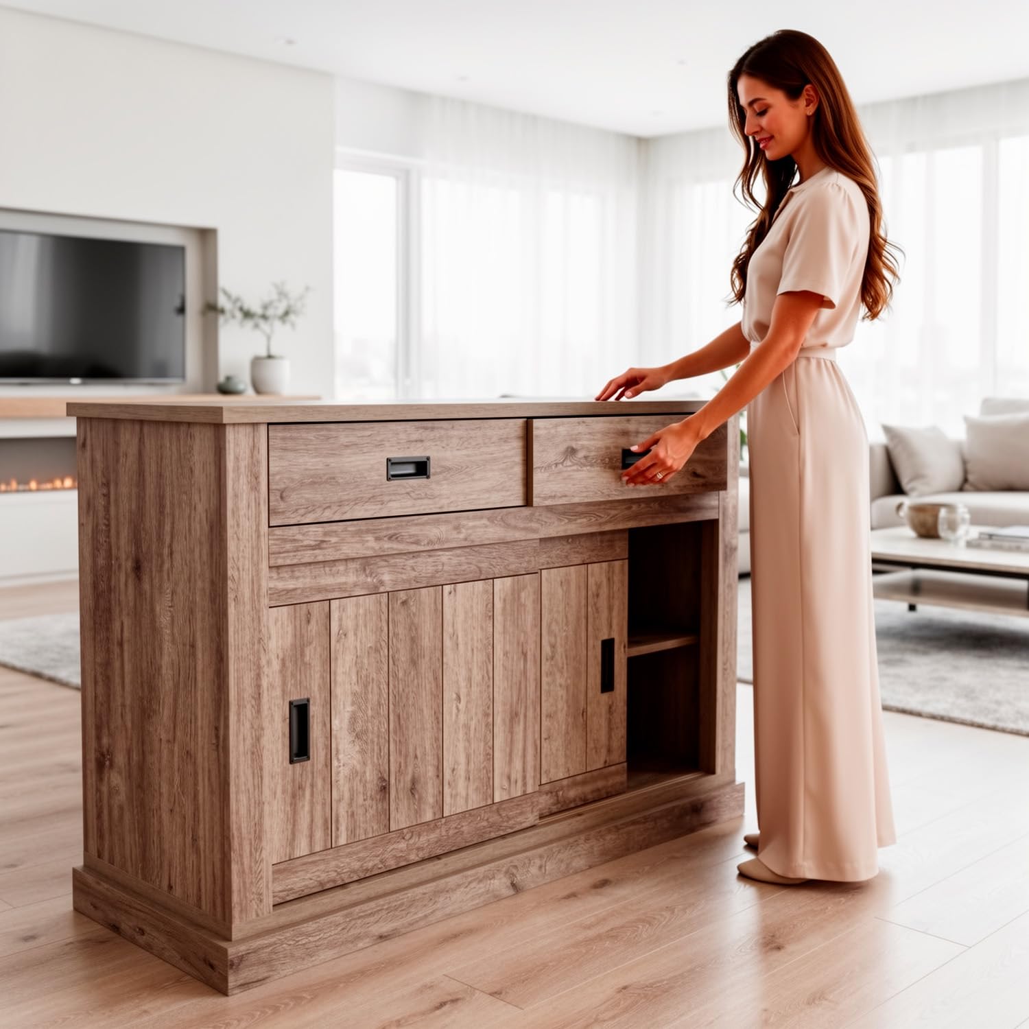 Arreditaly Madia Credenza Mobile Soggiorno Con 2 Cassetti E 2 Ante Scorrevoli 4 Ripiani Interni Design Minimal Shabby Chic Sala Da Pranzo Zona Living 150 x 50 x 95.5 Cm (Rovere Alaska)