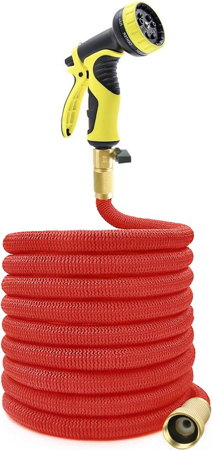 Expanding Garden Hose with Expandable Webbing Fabric and Metal Fittings Equip 9-Pattern Yellow Nozzle Hand Sprayer (75Ft, Red)