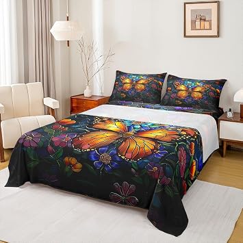 Manfei Butterfly Kids Sheet King Size,Daisy Flowers Botanical Rustic Farmhouse Girls Boys Bedding Set,Plant Animal Geometric Patchwork Retro Bed Sheet Set 4pcsFitted + Flat + 2 Pillowcases