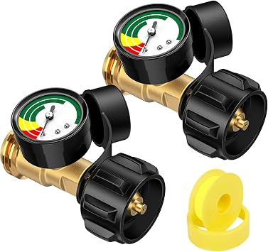 2 Pack Propane Tank Gauge Level Indicator with QCC1/Type1 Connection | Propane Gas Pressure Monitor, For 5lb to 40lb Tanks, BBQ Grill, Fire Pit, Outdoor Heater, Heavy Duty Brass Connector