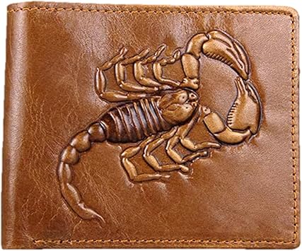 Genuine Real Leather Short Bifold Wallet for Men, RFID Blocking 3D Animal Print Retro Vintage Embossed Clutch Purse. Horizontal Scorpion Caramel