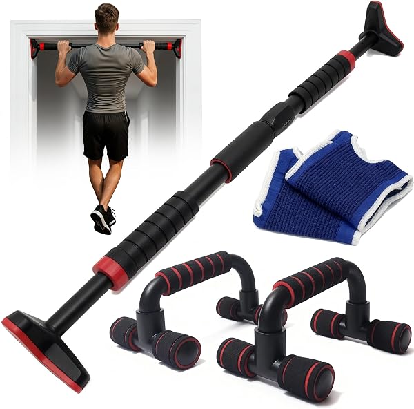 Barre de traction porte ou murale sans perçage 69-107cm et poignées pour pompe et gants, sport maison - 1