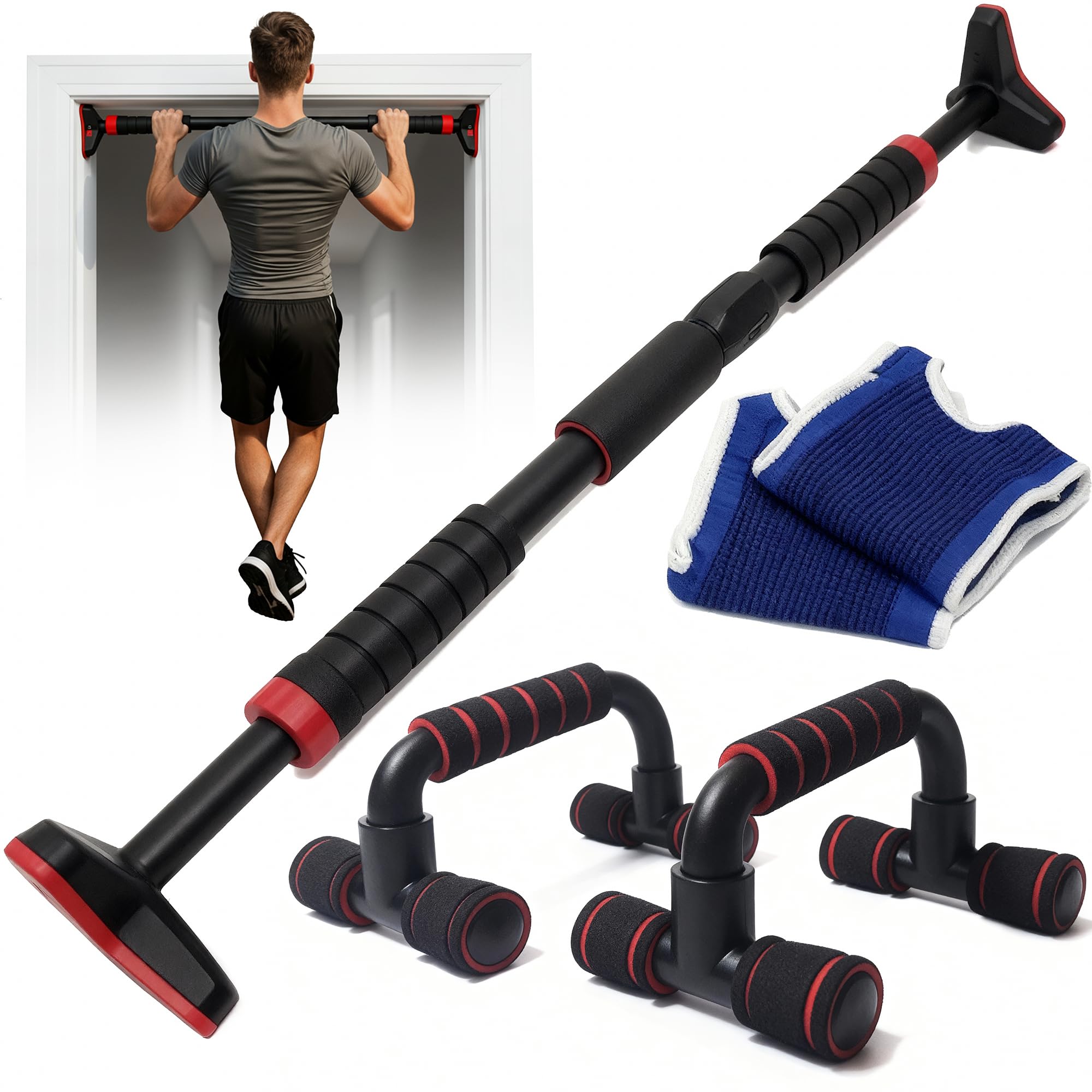 Barre de traction porte ou murale sans perçage 69-107cm et poignées pour pompe et gants, sport maison - 2