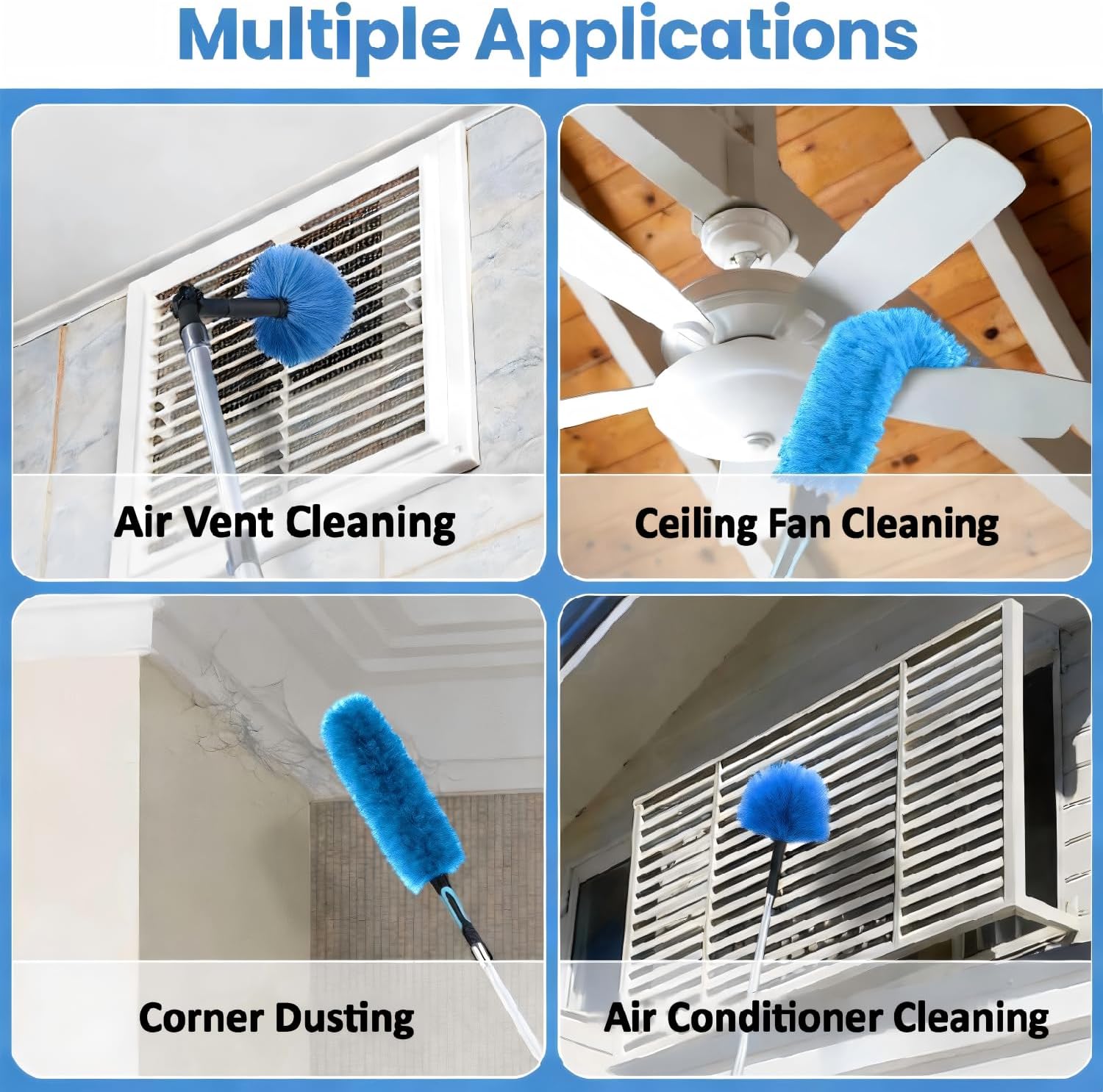 20ft High Ceiling Duster Kits with 5-12ft Heavy Duty Extension Pole - Fan Blade Cleaner, Cobweb Remover & Blue Window Squeegee Kit, Washable Dust Brush for High Roof and Glass Surfaces