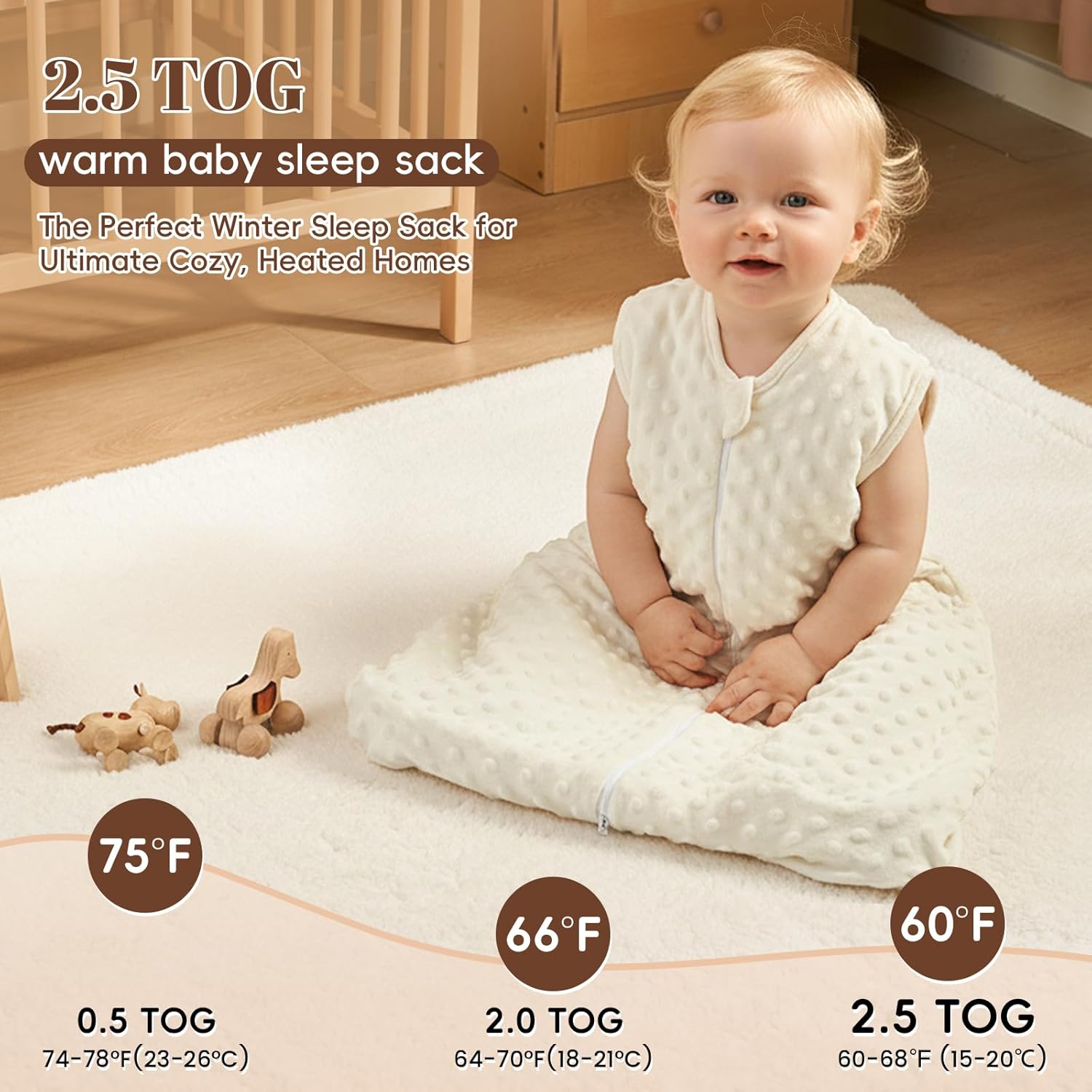 david's kids Fleece Baby Sleep Sack 0-6 Months, 2.5 Tog Minky Warm Winter Baby Wearable Blanket with Plush Dots and 2-Way Zipper, Cotton Inner Lining Sleeping Bags for Boys Girls, Small Size, Cream - Image 2