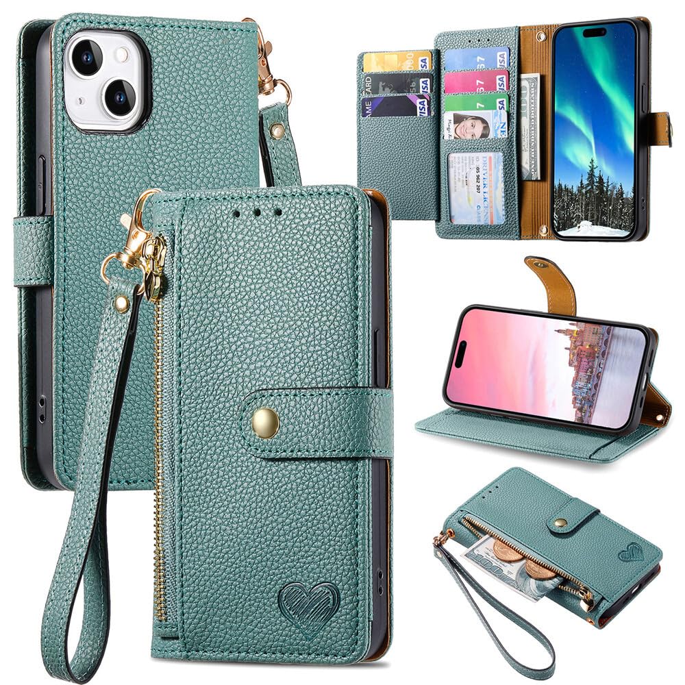 Generic etui kompatybilne z iPhone 13 (6,1 cala (kolor: zielony) skórzany portfel etui magnetyczne z klapką i dodatkowe etui na karty