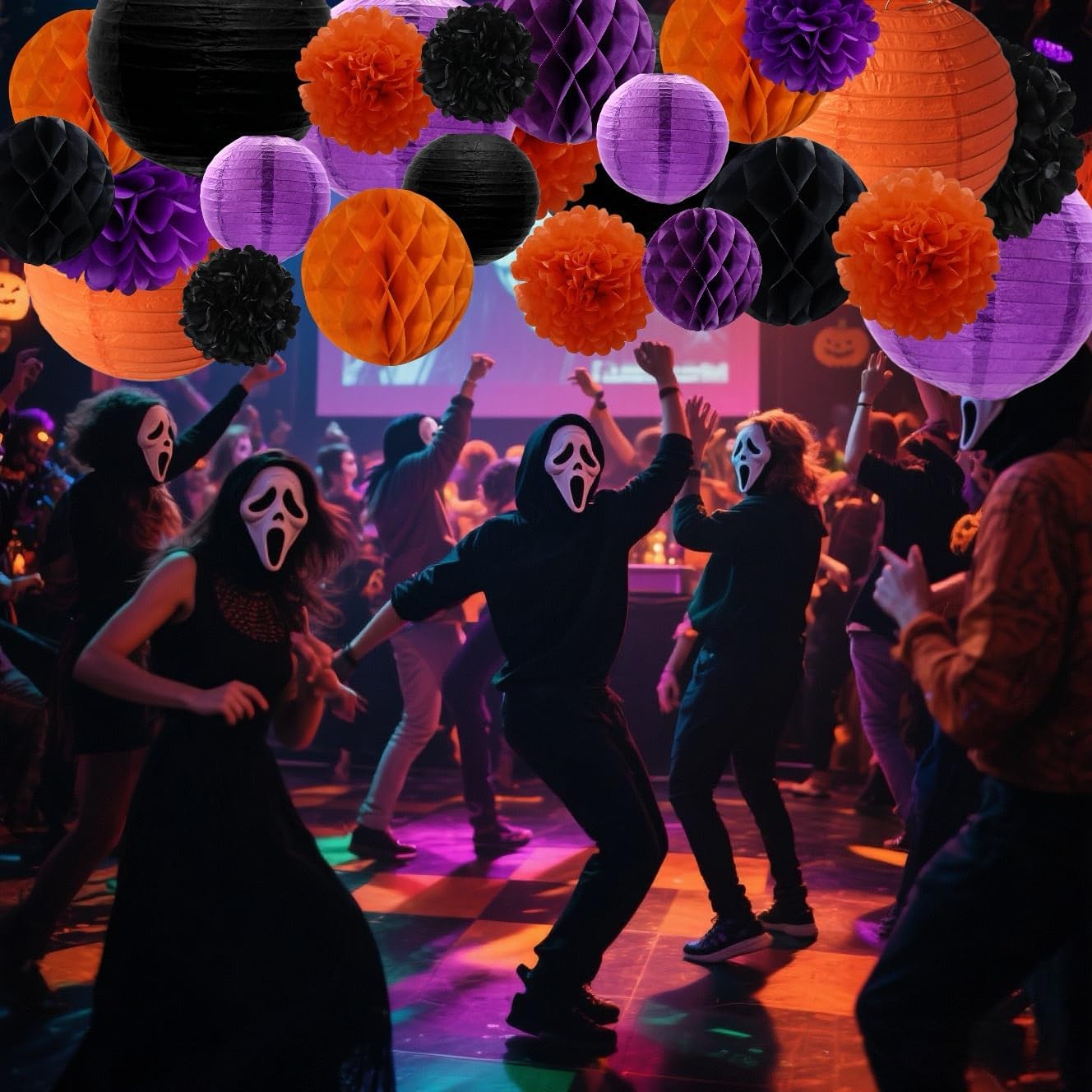 WOLHOWLTD Black Purple Orange Halloween Party Paper Decoration Set - 42 Pcs Paper Lanterns, Pompoms,Honeycomb for Halloween,Day of the Dead,Scary Birthday Party Decoration