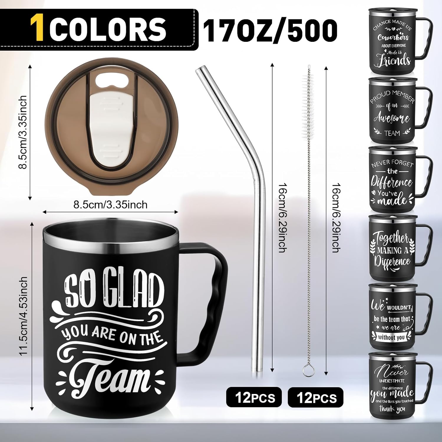 Lallisa 12 Pcs Employee Appreciation Gifts Bulk 17 oz Travel Coffee Mug with Lid Handle for Women Thank You Gifts Stainless Steel Tumblers Insulated Mug for Coworker Teacher (Black)