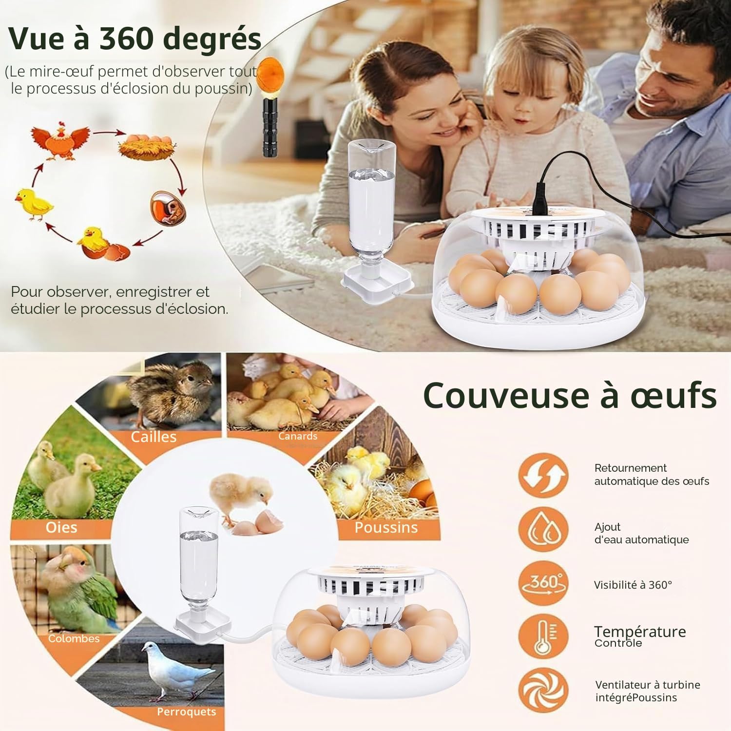 Viowey Couveuse Oeuf Automatique, Couveuse 12 Oeufs avec Retournement Automatique Des œUfs et ContrôLe de TempéRature, Ajout Automatique d'eau, Couveuse LED, pour Poules Canards Oies Cailles