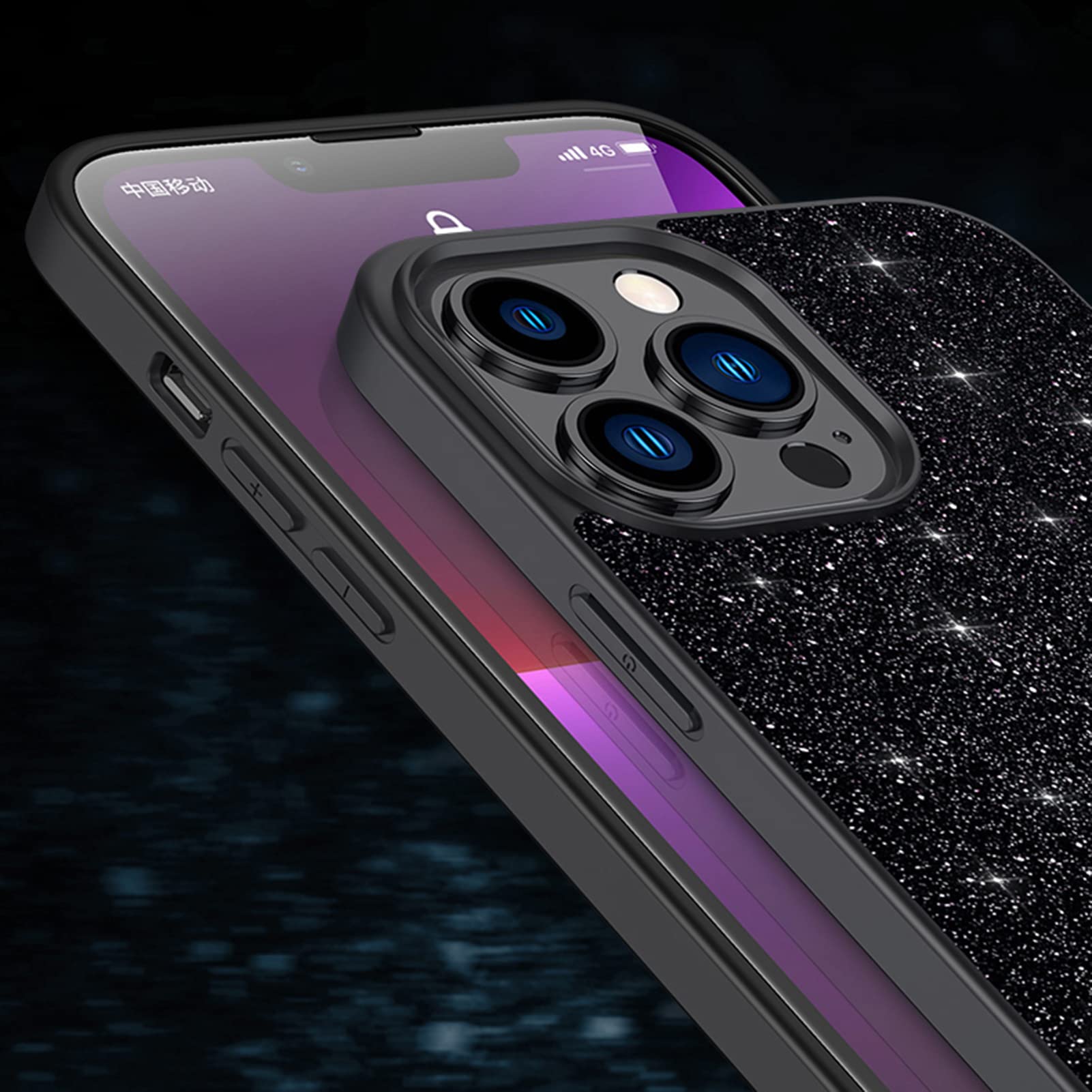 THOTH IPhone 14 Pro Hülle – Klare Glitzer-Hülle Mit Displayschutzfolie, Stoßfest, Weiches Silikon, Dunkelviolett