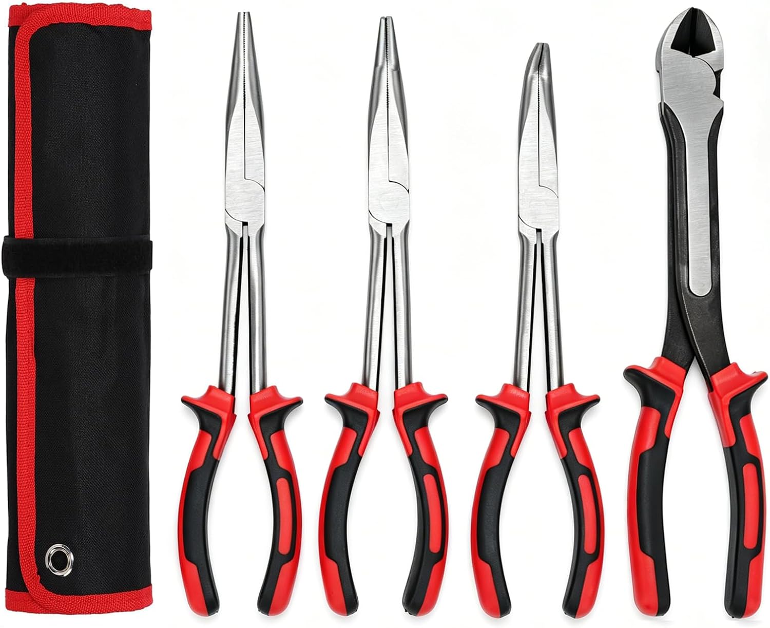 4-Piece 11 Inch Extra Long Reach Needle Nose Pliers Set, Straight 45° 90° Bent & Diagonal Pliers, Cr-V Steel Non-Slip TPR Handle, Canvas Roll Pouch for Auto Electrical Precision Hard to Reach Work