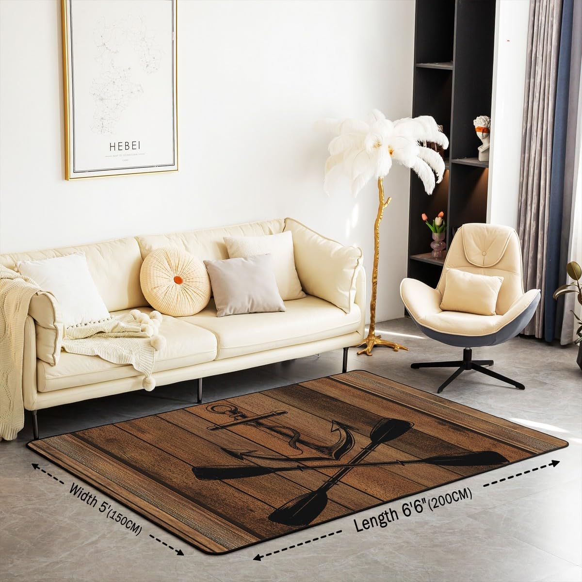 Brown Retro Rustic Country Wooden Plaid Rug 5x6'6'',Lake Life Paddle Go Boating Theme Decorative Area Rug Nautical Anchor Non Slip Washable Decor Carpet for Indoor Outdoor