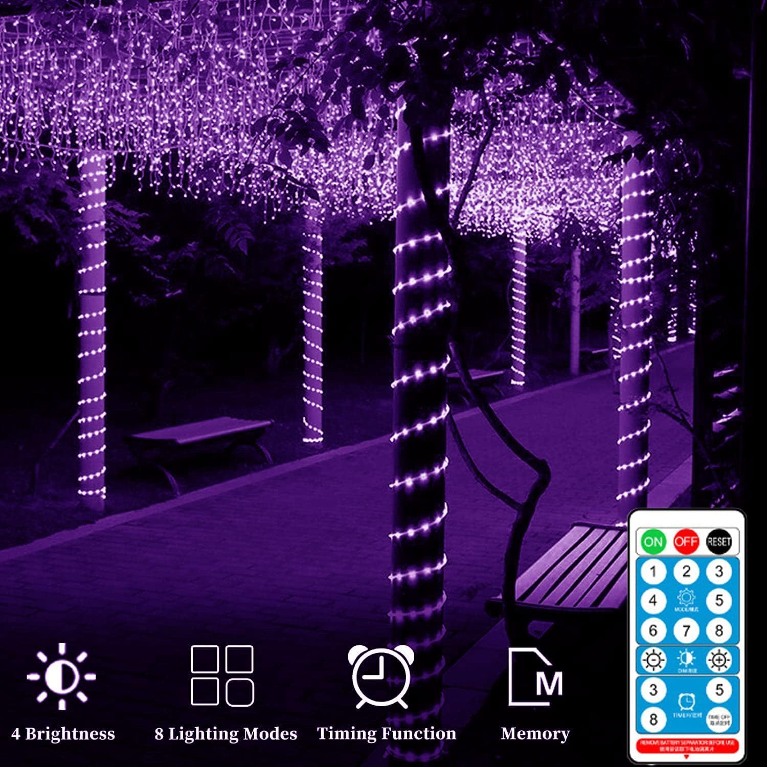 32 m, 300 LED, catena di luci solari per esterni, impermeabile, con telecomando, timer, striscia LED, dimmerabile, tubo solare, decorazione stringa, luci solari di Natale (viola)