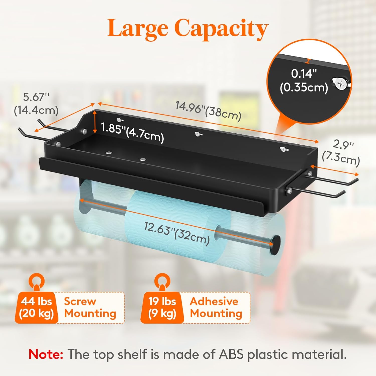 Lifewit Garage Paper Towel Holder with Shelf, Shop Towel Holder, Wall Mount Tool Rack with 4 Hooks&Phone Stand, Stick on Adhesive (Hold 19lbs) or Screws(44lbs) for Clean Station/Craft Room,2Pack,Black