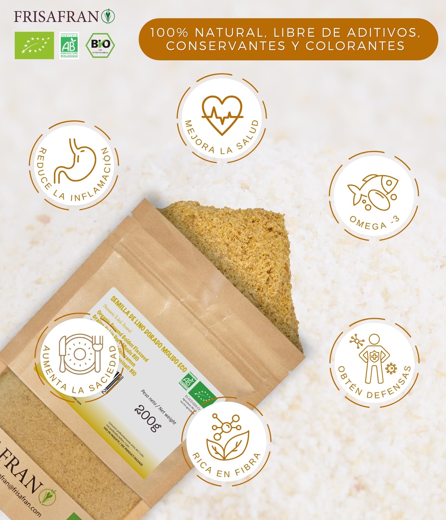 FRISAFRAN | Semilla de Lino Dorado Molida Ecológico 200g | Superalimento Organico | lino dorado | Semillas de lino marrón | Ácidos grasos | Fuente Natural de Fibra | Omega 3 | 100% Vegano | Sin Gluten