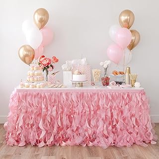 BLUEKATE Coral Pink Tutu Table Skirt. 6ft Table Skirt with Double Layer Organza Willows. Princess Party Decorations, Quinceanera, 1st Baby Girl Birthday Decor, Baby Shower Decor or Gender Reveal