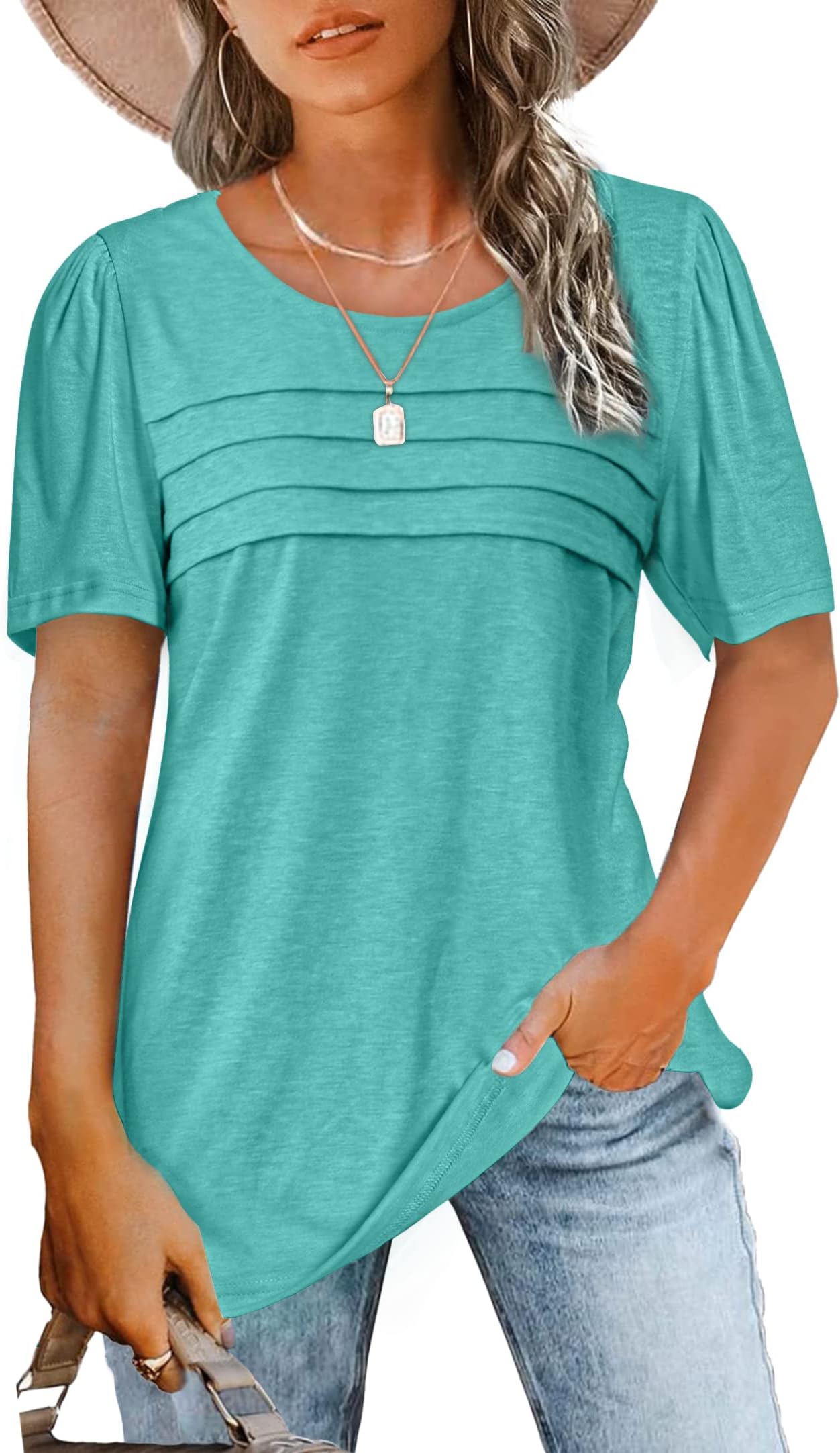 JomeDesign Womens Summer Tops Short Sleeve Crew Neck Shirts Puff Sleeve Casual Tshirts