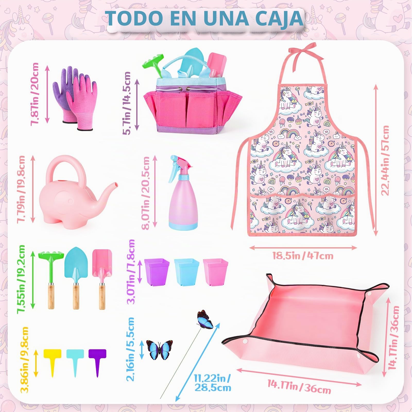 deAO 28 Piezas Kit de Jardinería para Niños, Incluye Bolsa, Regadera, Pala, Rastrillo, Guantes, Delantal, Juguetes para Plantar, Rosa