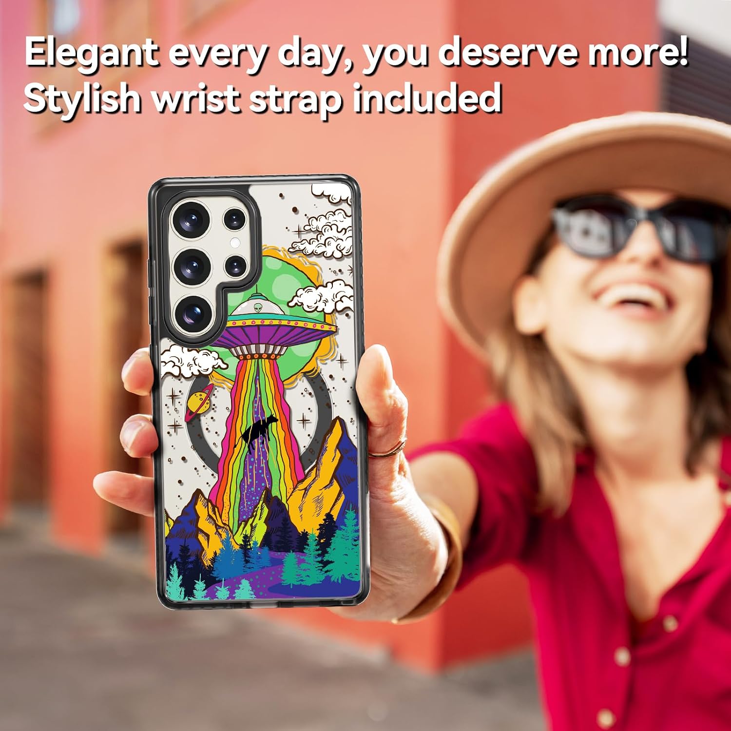 Rosarnnah Magnetic for Samsung Galaxy S25 Ultra Magsafe Case Cute Aesthetic - Durable Shockproof 6.6 ft Drop Impact Phone Case Cover with Funny Fashion UFO Design 6.9" Black