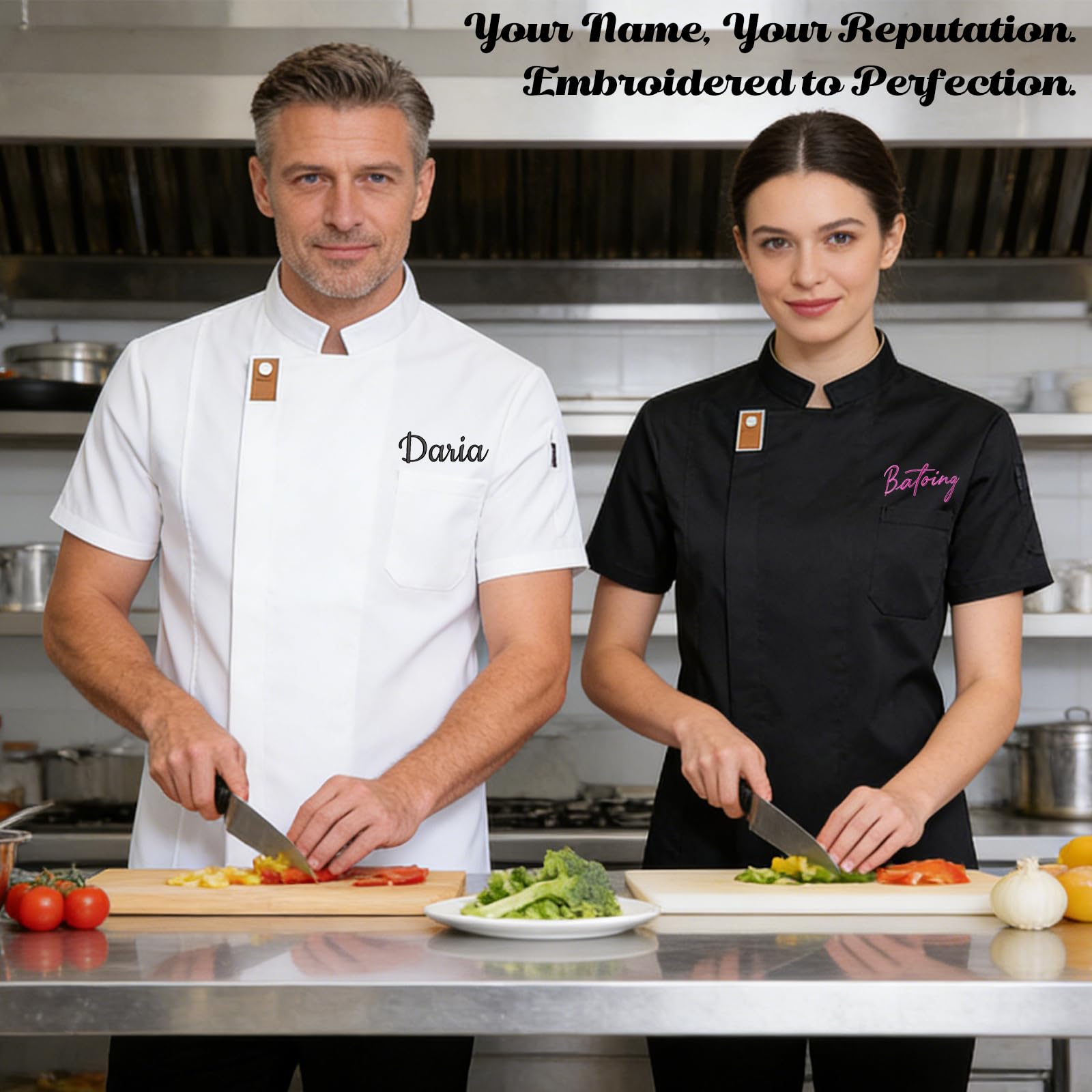 Veste de Chef Personnalisée avec Broderie Texte, Veste Cuisine Homme et Femme à Manches Courtes, Uniforme Professionnel Respirant pour Restauration et Boulangerie - 5