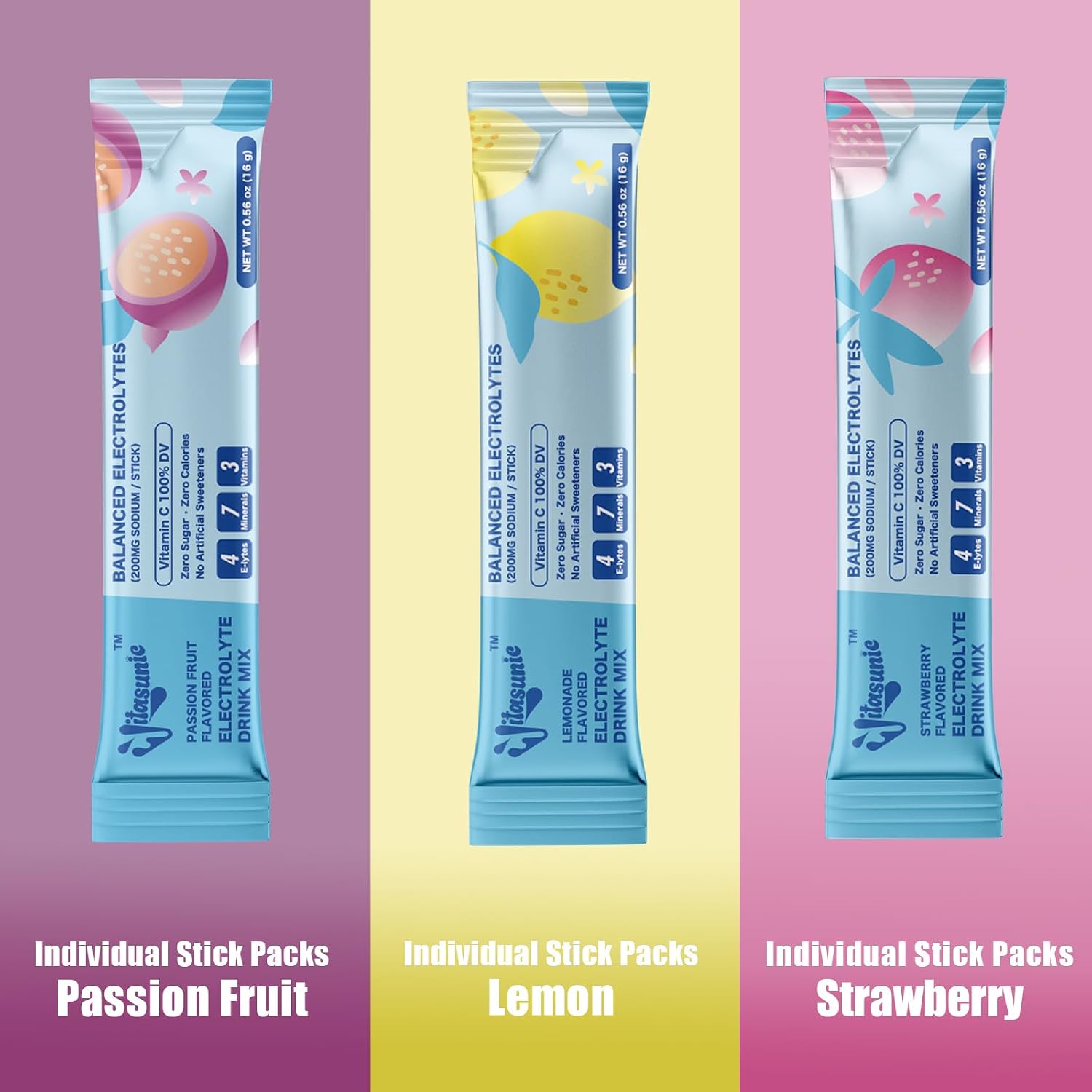 36 Sticks Electrolyte Powder Packets,Sugar Free Variety Pack Hydration Packets Drink Mix with 4 Electrolytes No Sucralose, Vegan, Gluten-Free, Lemonade, Strawberry, Passion Fruit