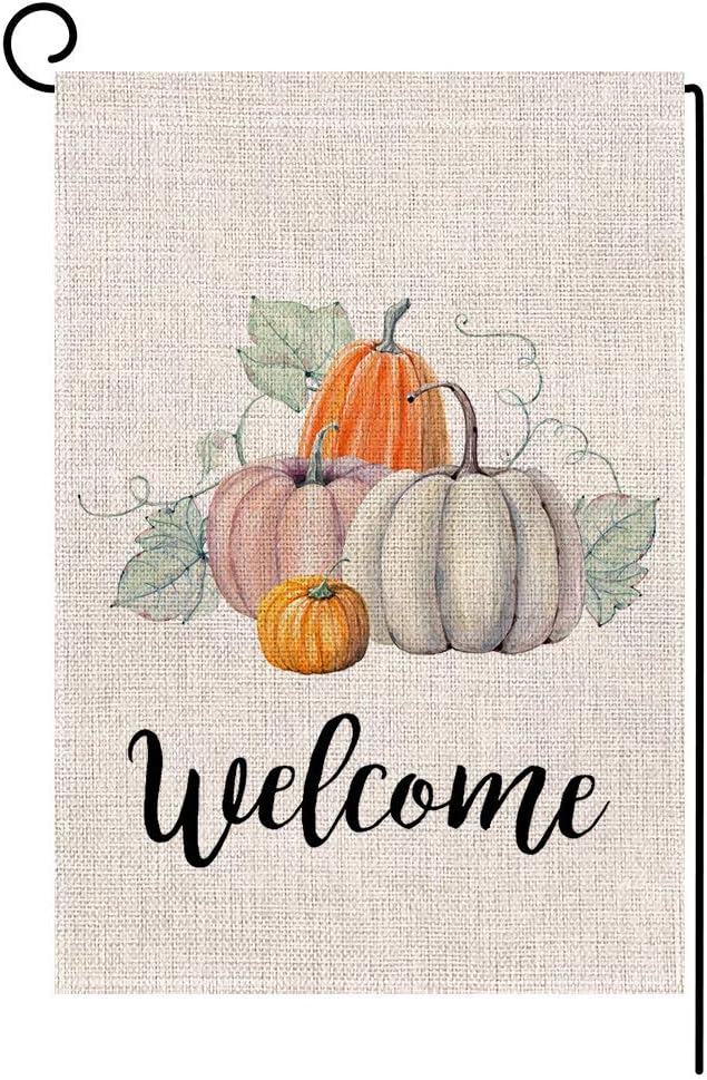 Fall Pumpkin Welcome Small Garden Flag Vertical Double Sided 12.5 x 18 Inch Autumn Burlap Yard Outdoor Decor