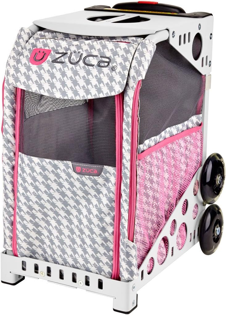 ZUCA ZuZuca Rolling Pet Carrier - Houndstooth Pink Insert Bag, Choose Your Frame Color (White Frame & Flashing Wheels)