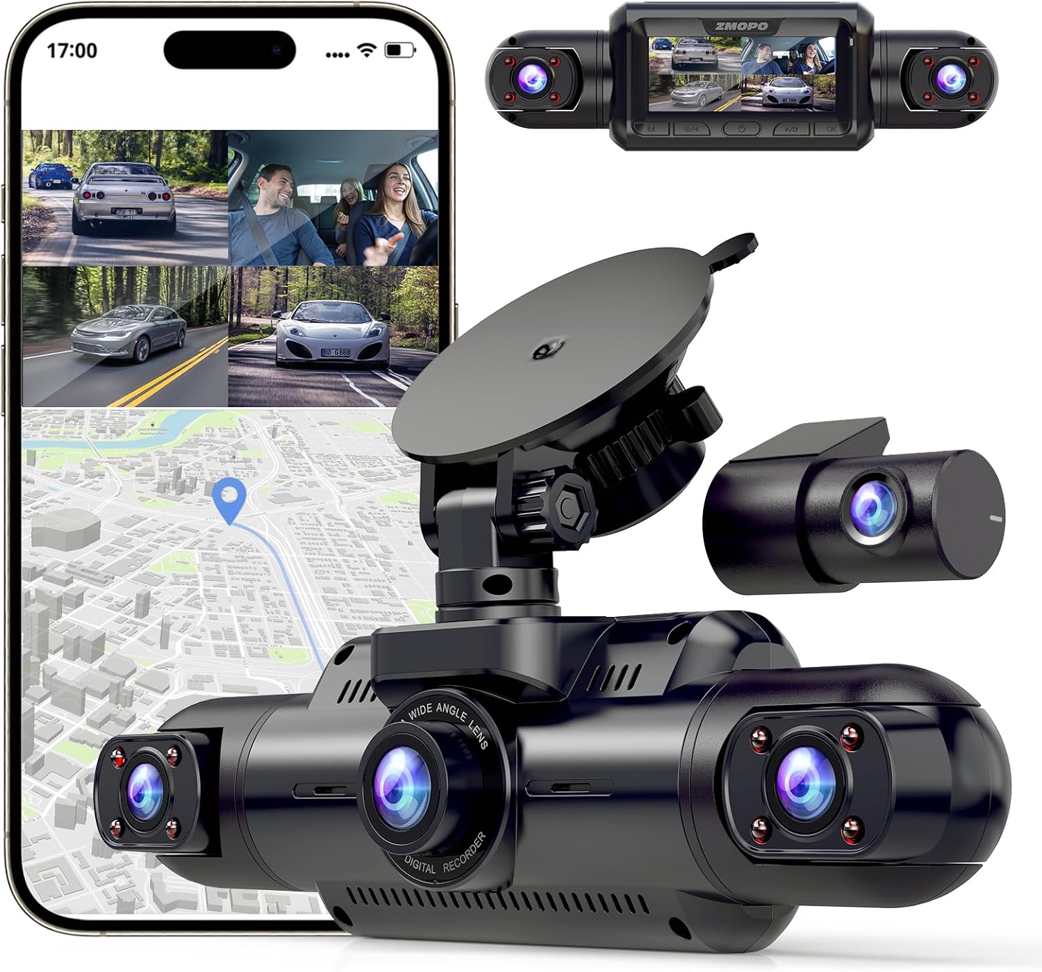 4-Channel Dash Cam Front and Rear Inside Left Right 360 View, Dash Camera for Cars with GPS WiFi, Free 64GB Micro SD Card, FHD 1080P, Compact Design