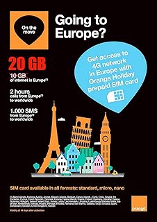 Orange Holiday Europe – Prepaid SIM card – 20GB Internet Data in 4G/LTE (data tethering allowed) + 120 mn + 1000 texts in 30 countries in Europe