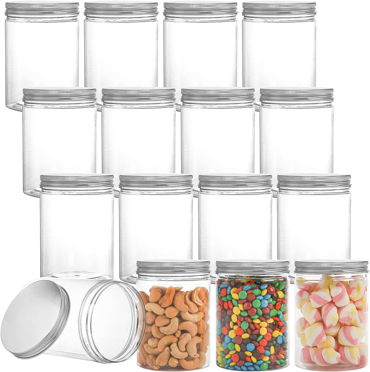 bpa 16 Pack Clear Plastic Jars Bottles Containers with Silver Ribbed Lids 400ml Straight Cylinders Storage Container for Food & Home Storage