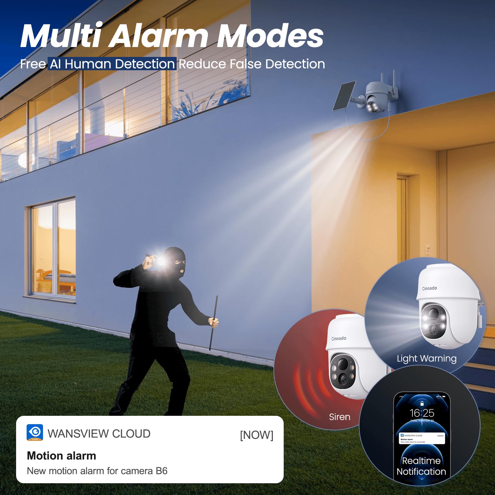 Cinnado 2K Camara Vigilancia WiFi Exterior Solar - Camaras Vigilancia Domicilio WiFi 2,4G hz, 360° Cámara Exterior sin Cables con Bateria, PIR Sirena, Visión Nocturna Color, IP65, Blanco