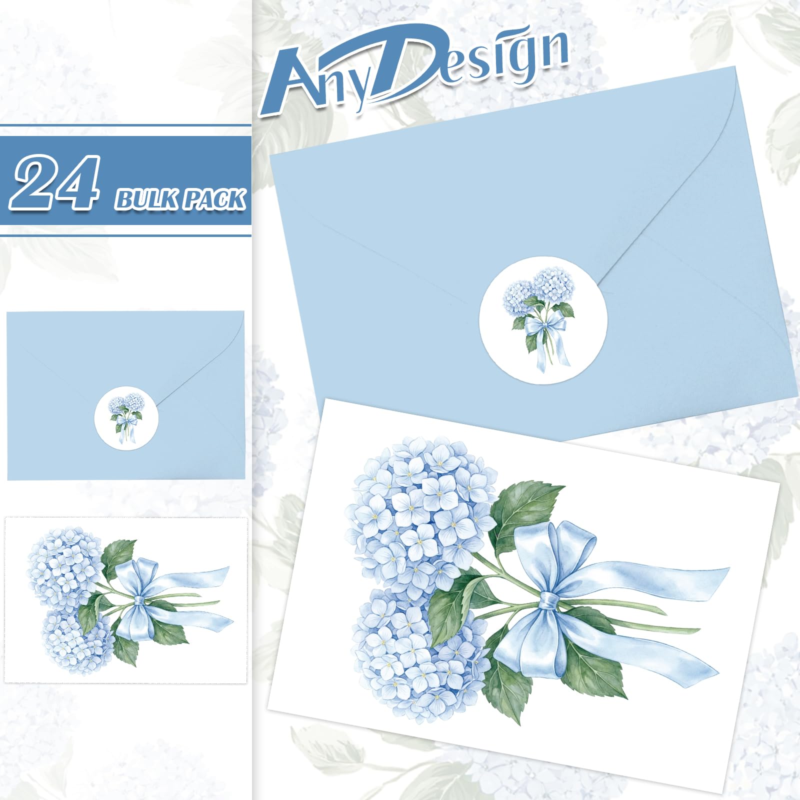 AnyDesign Confezione da 24 biglietti vuoti con fiori di ortensia, acquerello, floreali, con busta, adesivo, biglietti di auguri blu per inviti per feste estive primaverili, 10 x 15 cm