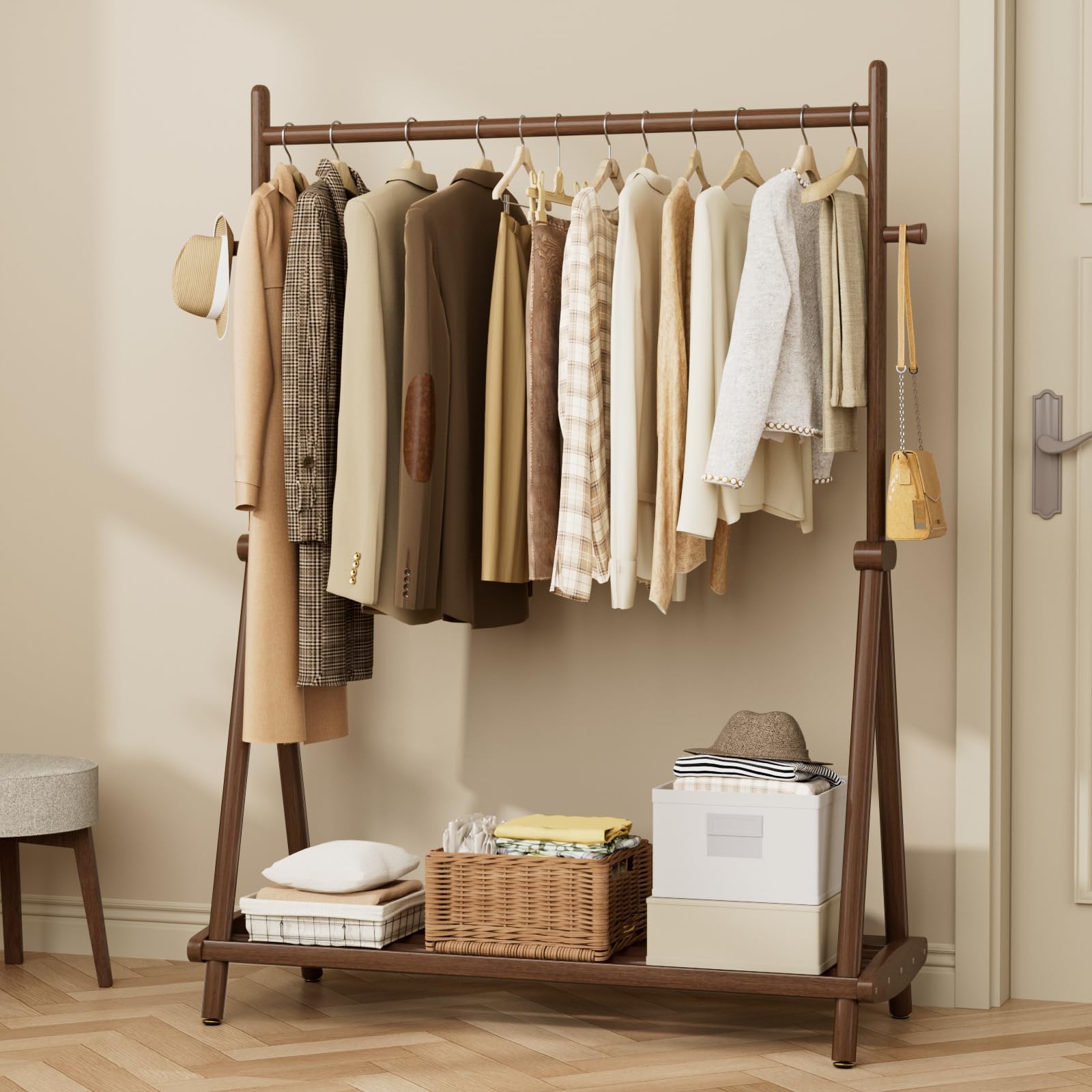 solid wood clothes rack with wheels,freestanding garment rack & coat tree,extra-long 39.38" hanging rod, double storage shelves for bedroom, entryway, hallway