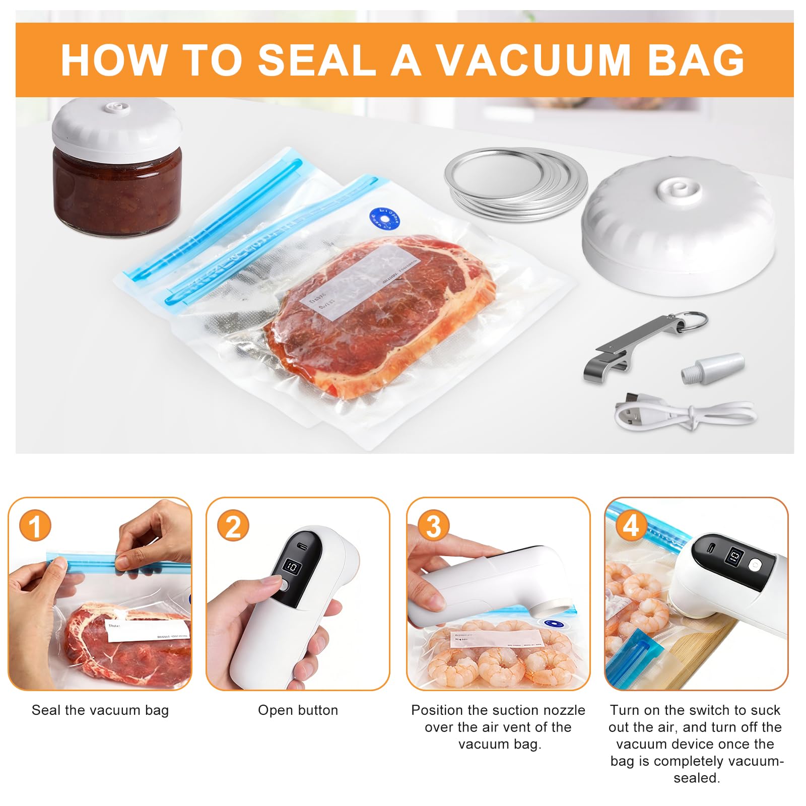 6 IN 1 Vakuumiergerät Set, Mini Handvakuumierer, Vakuumierer für Einmachgläser mit 4 Deckeln und 3 Düsen,Quick-Fill Inflator Deflator für Gläser, Vakuumbeutel, Luftbett,USB-Aufladung