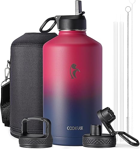 Miniatura 71 de Coolflask - Botella de agua de 64 onzas, aislada, con popote y 3 tapas, con diseño Galaxy, de acero inoxidable al vacío, mantiene las bebidas frías