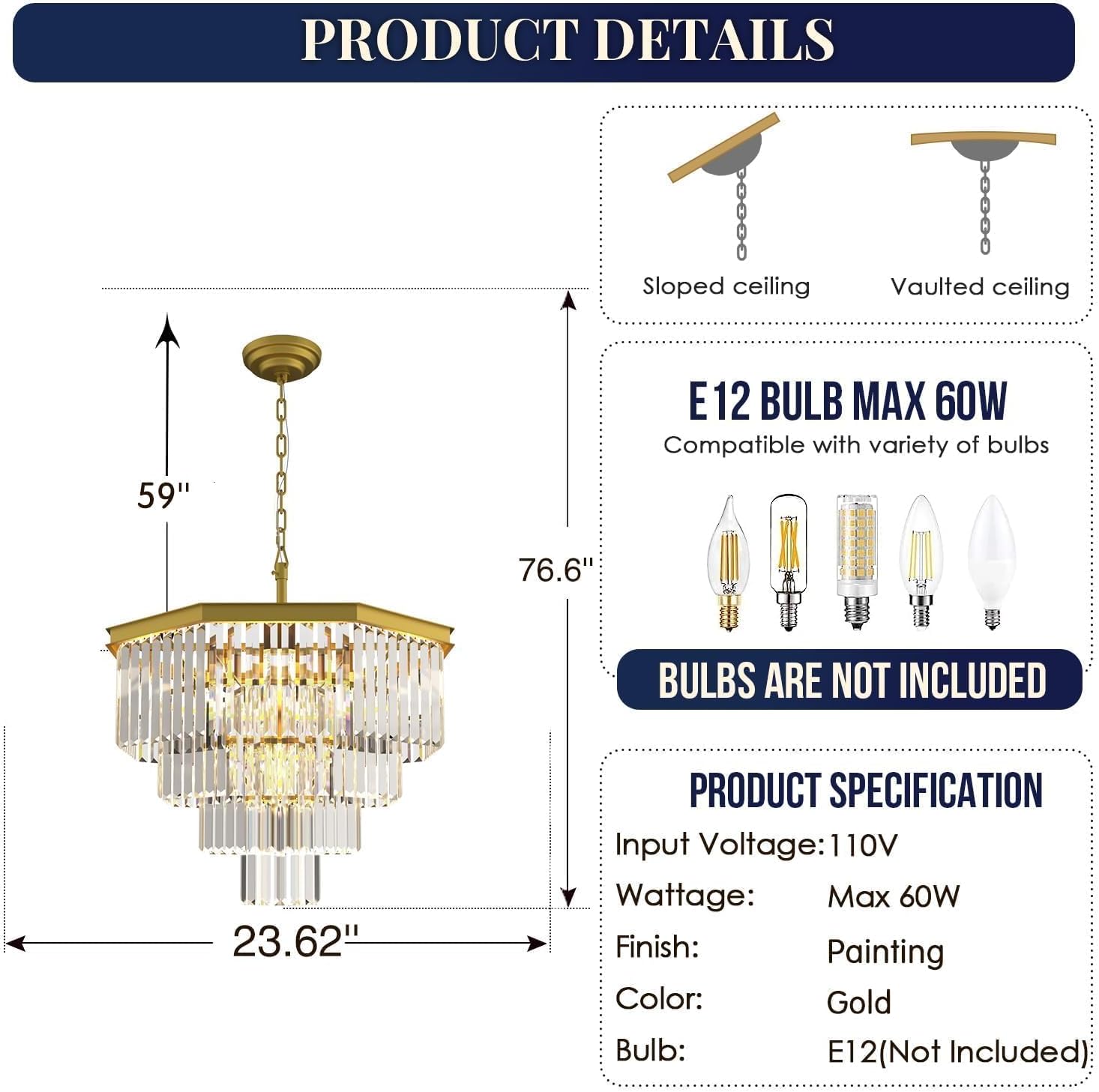 Crystal Chandelier, 9-Light 4 Tiers Hexagon Crystal Light, Adjustable Hanging Metal Ceiling Lighting Fixture, Modern Foyer Dining Room Chandeliers for Bedroom,Hallway,Kitchen, W24-inch Gold