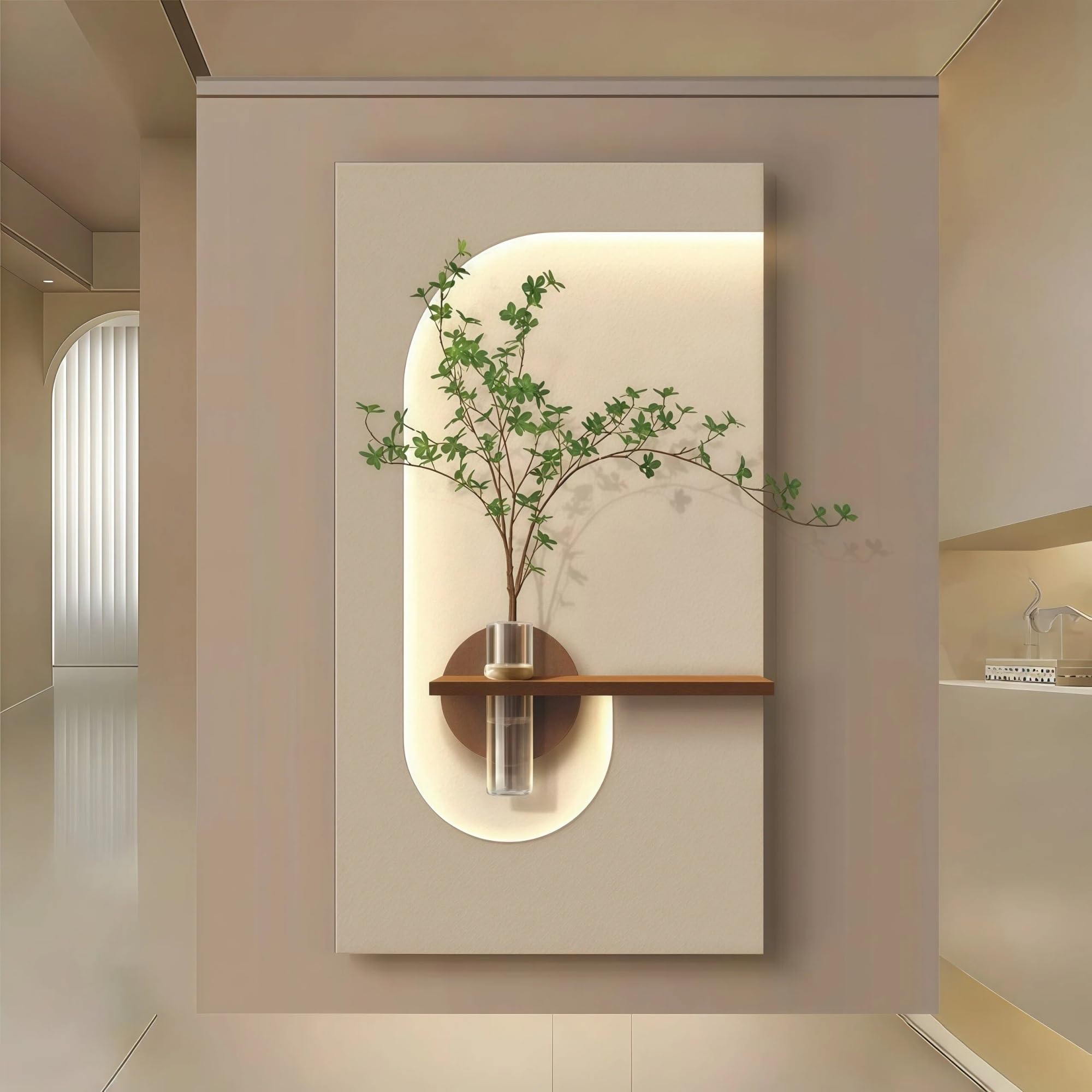 Wandbild mit Sandsteindekor, 3D-Wandbild mit LED-Beleuchtung, Sandstein-Gemälde mit grüner Pflanzendekoration, für Wohnzimmer, Schlafzimmer, Büro, Eingangsbereich (Braun, 17,7 x 29,5 Zoll)