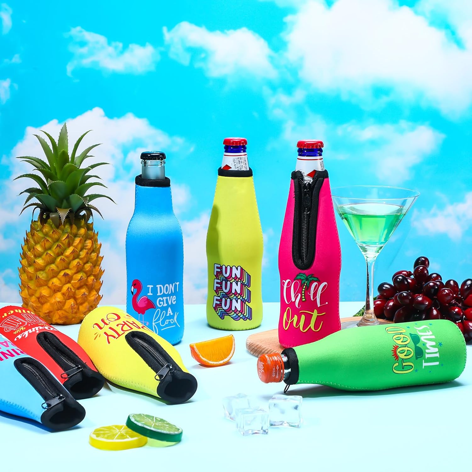 Dingion 10 Pcs Summer Beer Bottle Insulator Sleeve with Zipper Insulated Jackets Keep Warm and Cold Beer Bottle Sleeves with Stitched Fabric Edges for Pool Beach Party Favors - Image 4