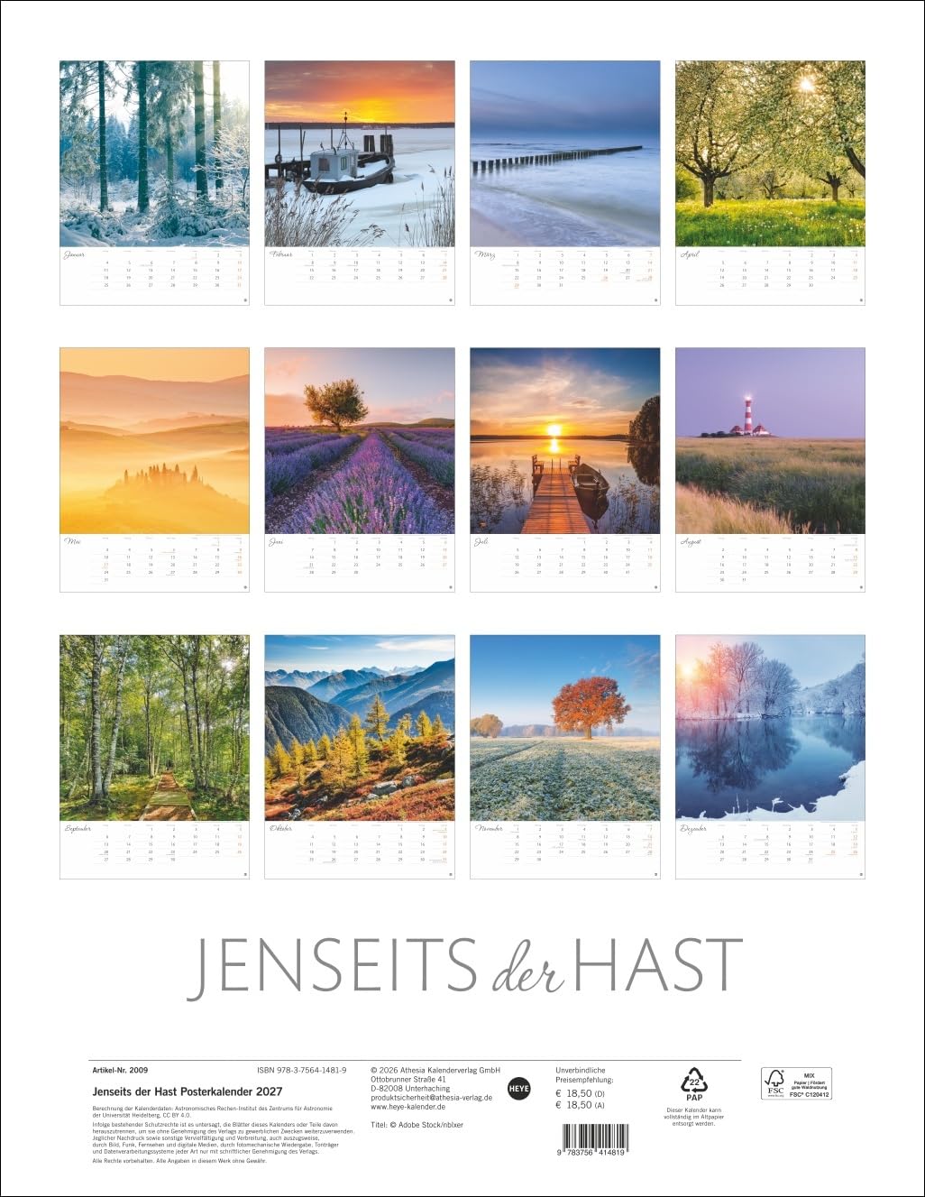 Jenseits der Hast Posterkalender 2027: Entschleunigen mit traumhaften Landschaftsfotos in einem praktischen Wandkalender. Raum für Notizen und schöne Aufnahmen im Foto-Kalender