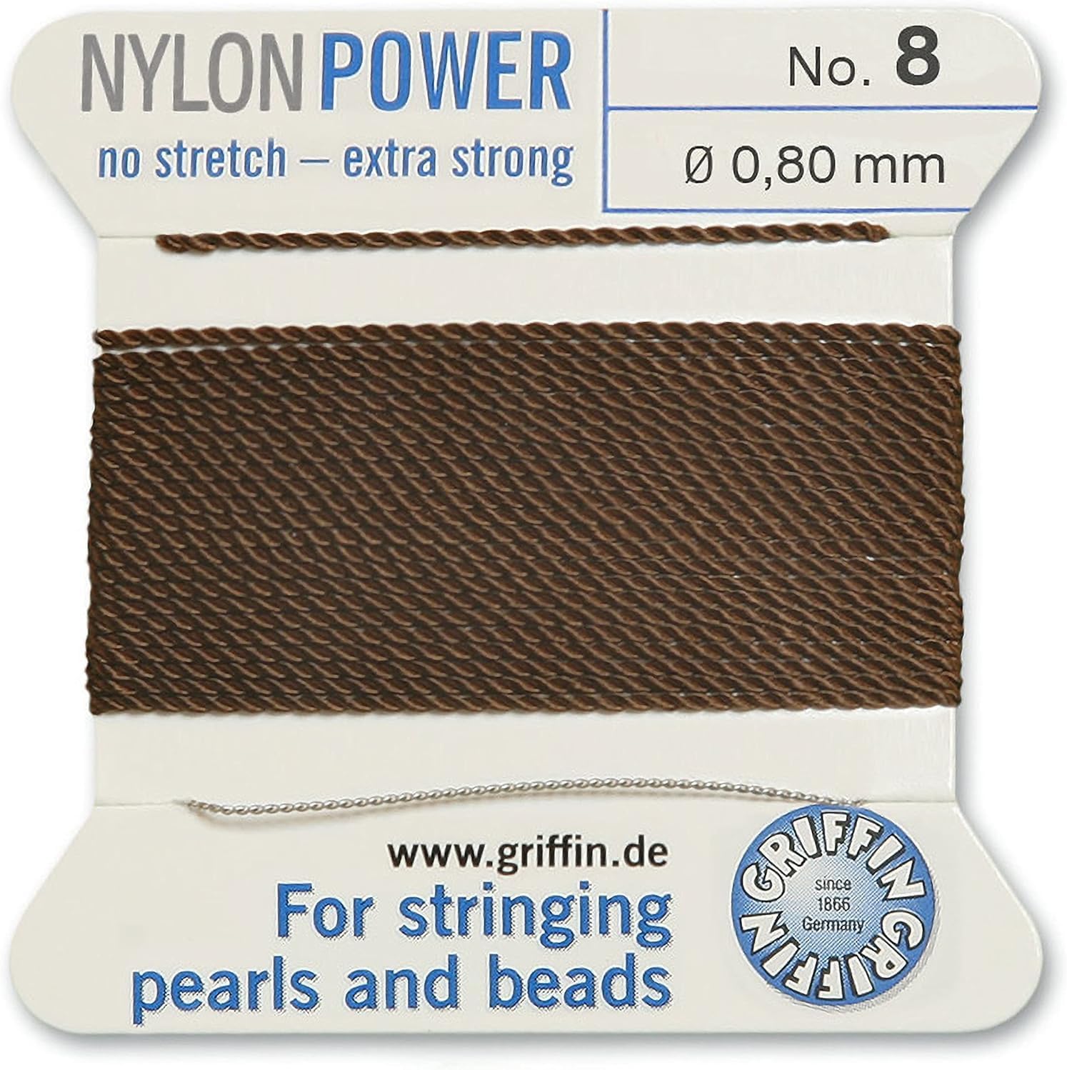 Griffin Bead Cord Nylon Brown #8 - Griffin NylonPower with Stainless Steel Needle Attached – for Knotting Pearls, Gemstones, Crystals and Beads