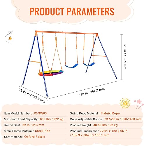 Miniatura 7 de VEVOR Juegos de columpios para patio trasero, con 1 asiento de columpio de platillo, 2 asientos de columpio de cinturón, juego de columpio de