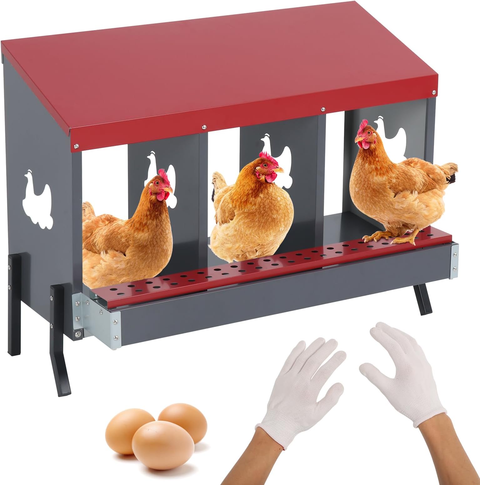 LUCKUPChicken Nesting Box 3 Holes for Laying Eggs, Roll Out Metal Laying Box for Hens Ducks Poultry Protect Eggs Wall Mount Nest for Coop W/Perch & Legs