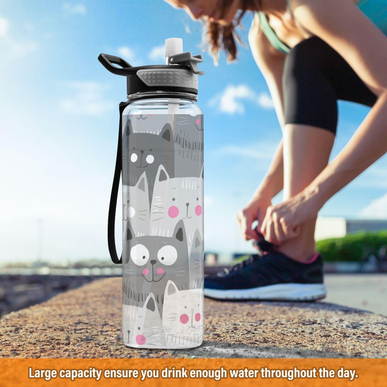 Mnsruu Transparente Sport-Wasserflasche mit Strohhalm, auslaufsichere Trinkflasche, buntes nahtloses Muster, Katzen, Fahrradflaschen für Sport, Büro, Schule, BPA-freier Tritan-Kunststoff, 1 Liter