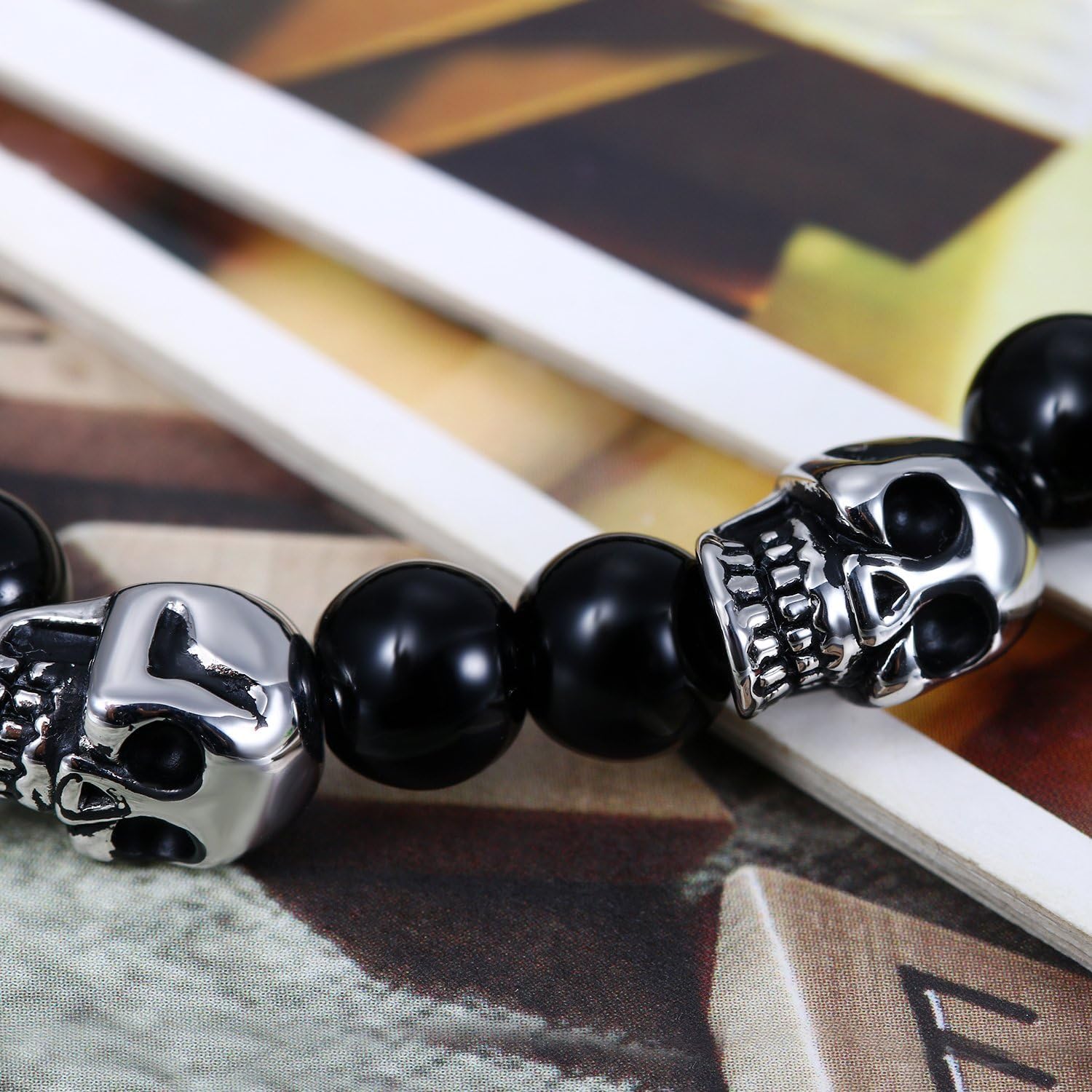Flongo Men's Biker Stainless Steel Skull Skeleton 8MM Black Bead Stone Bracelet