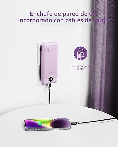 Vista 3 de VEGER - Cargador portátil de iPhone, cables integrados de carga rápida USB C, batería externa delgada de 10,000 mAh, enchufe de pared y USB